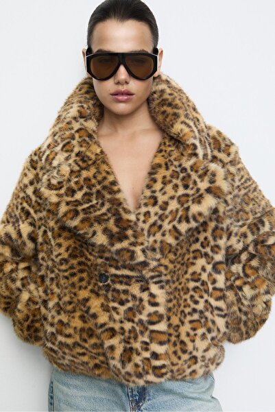 Stradivarius Leopard print faux fur double-breasted jacket