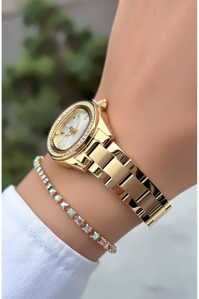 Daniel Klein Orijinal Kadın Kol Saati Oval Taşlı Altın Renk Bileklik Hediyeli
