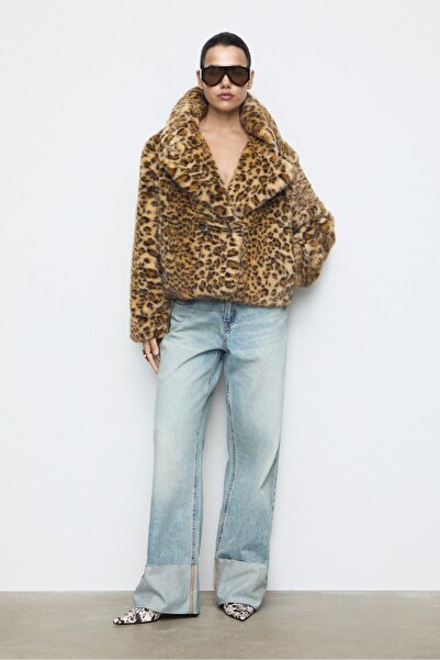 Stradivarius Leopard print faux fur double-breasted jacket