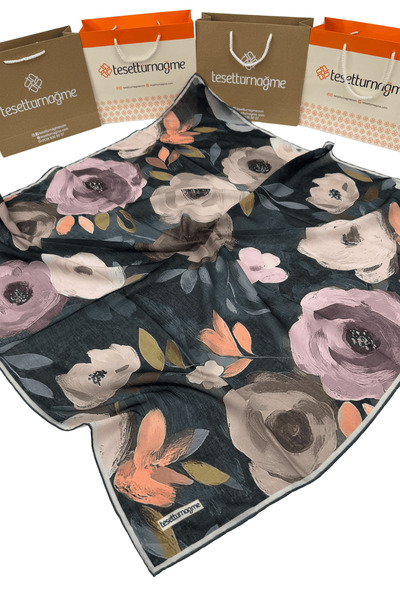 Tesettürnağme Soft Pamuk Eşarp TN2005 Çiçekli Desen Koyu Antrasit-Lila-03