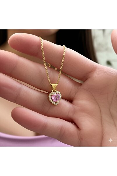 denars jewelry Işıltılı Kararmaz Çelik Pembe Kalpli Kolye - Sevgiliye Özel Za...