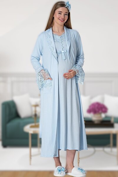 Lohusa Dünyasi طقم روب نوم طويل للنساء الحوامل مع دانتيل