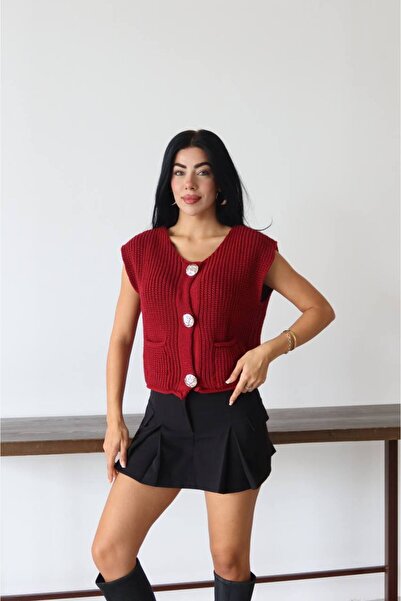 Store Gold Button Detailed Double Pocket Knitwear Knitted Vest