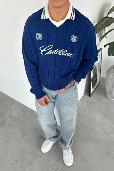 HAFKAGİYİM Синій светр з вишивкою та великим коміром-поло