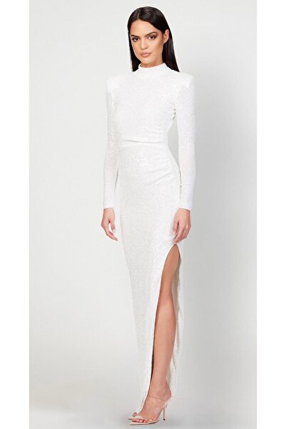 elissaa YARIM BALIKÇI YAKA UZUN YIRTMAÇLI PUL PAYET ABİYE ELBİSE