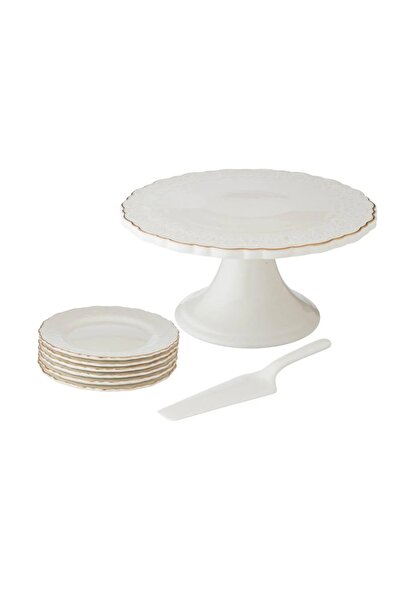 ORIAN طقم كيك فاخر من البورسلين الأبيض مكون من 8 قطع مزين بخطوط ذهبية
