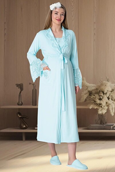 LOHOUSE Women's Turquoise Special Lace Design Long Maternity Nightgown-Robe and Pajama Set 4-Piece Set