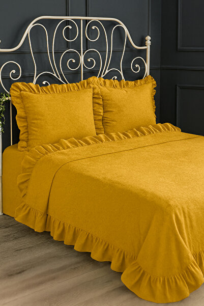 POMELO HOME Çift Kişilik Pike Yatak ÖrtüsüTakımı/Seti-%100 Pamuk Fırfırlı Modeli Günlük Örtü Seti-Büyük Ebat