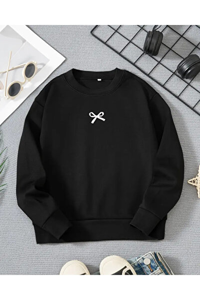 haha Kız Çocukları için Fiyonk Baskılı Siyah Uzun Kollu T-shirt