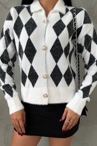 Ded COLLECTION Women's Colorful Diamond Patterned White Knit Cardigan with Gold Pearl Detail and Buttons