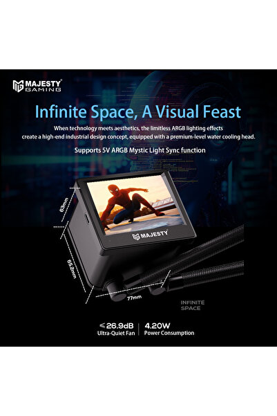 majesty مبرد مياه ARGB مقاس 360 مم - شاشة IPS LCD للفيديو والرسومات، ثلاث مراوح مقاس 120 مم، Intel و