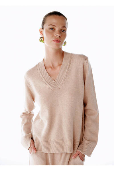 Knitss Pudra V Yaka Kaşmir Triko
