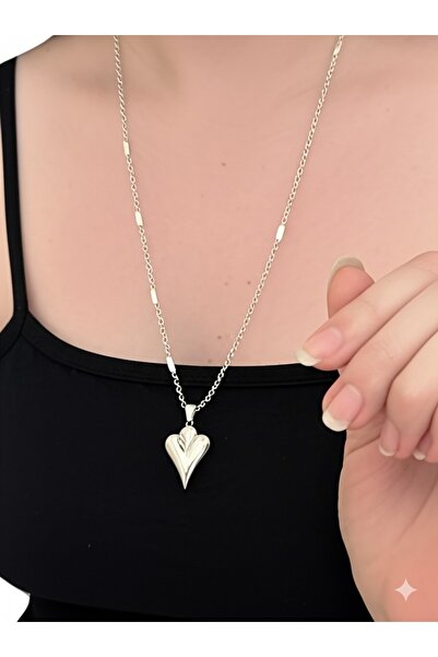 denars jewelry Steel Necklace with Heart Chain – Silver Color, Stainless, Non...