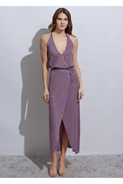 Knitss Boyundan Bağlamalı Lila Triko Elbise