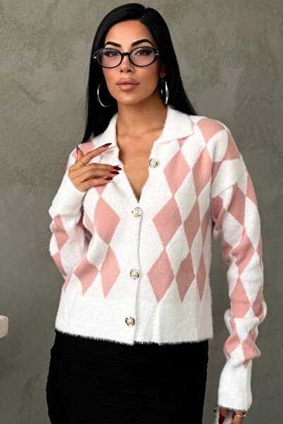 Ded COLLECTION Women's Colorful Diamond Patterned White Knit Cardigan with Gold Pearl Detail and Buttons
