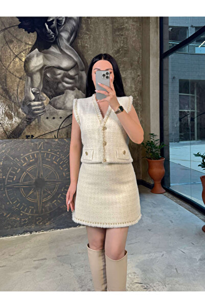 missswans Charmy Angora Gold Buttoned Vest Cream