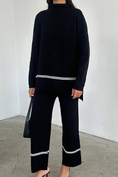 Ded COLLECTION Women's Striped Stand Collar Long Sweater Wide Leg Pants Casual Knitwear Set