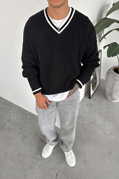 HAFKA Pulover negru cu decolteu în V cu dungi oversize