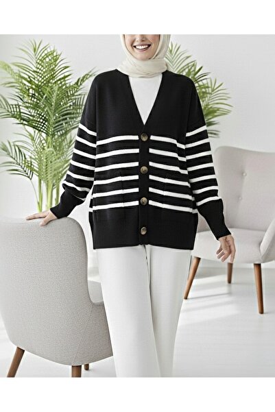Modamorfo Cardigan cu nasturi cu dungi cu buzunar dublu