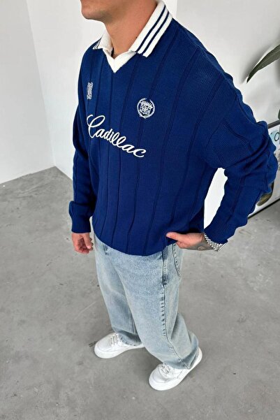 HAFKAGİYİM Синій светр з вишивкою та великим коміром-поло