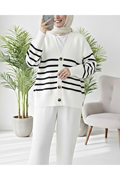 Modamorfo Double Pocket Striped Buttoned Cardigan