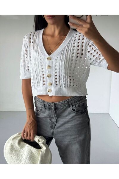 Serenay Atelier Short Sleeve Openwork Patterned Button Detailed 100% Cotton Crop Cardigan