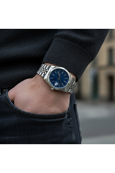 Mazzy Klasik Mavi Gümüş– Erkek Kol Saati | Çelik Kordon & Mineral Cam | Takvi...