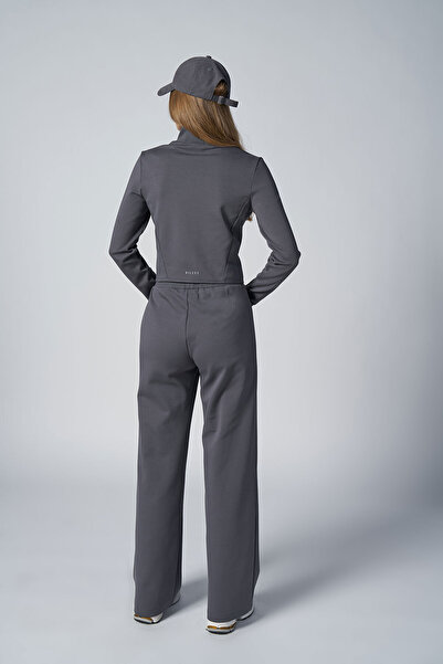 bilcee Kadın Gri Crop Ceketli Palazzo Pantolonlu Eşofman Takım 4560