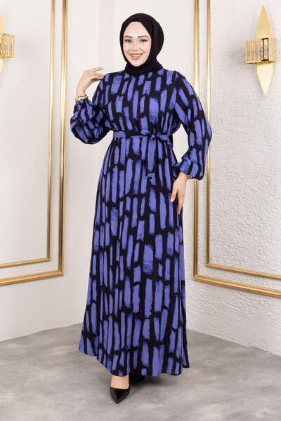 Tesettür Dünyası Bisiklet Yaka Viskon Elbise TSD250218 Mor
