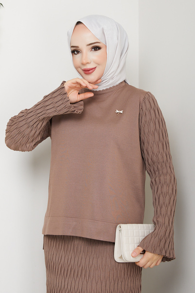 Pamuk Butik Women's Mercerized Knitted Two-Piece Set with Brooch and Skirt