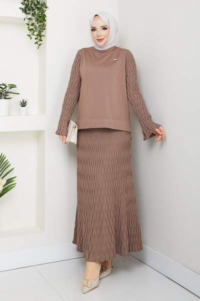 Pamuk Butik Women's Mercerized Knitted Two-Piece Set with Brooch and Skirt