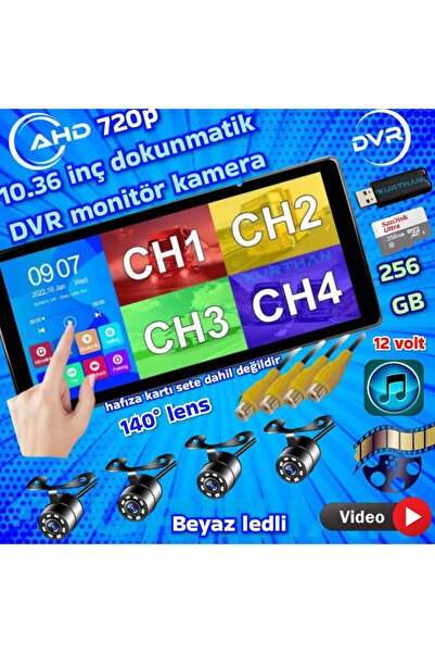 Twogo TRAKTÖR MİBZER İÇİN DOKUNMATİK 10.36 İNÇ MONİTÖR VE 4 ADET AHD 720P BEYAZ LEDLİ KAMERA SETİ 12 V