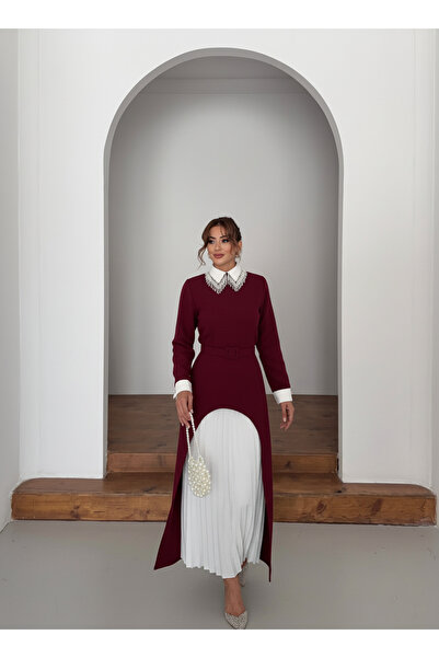 1Moda1Tarz Women's Imported Tweed Fabric Lace Detail Bottom Pleated Lined Special Design Dress