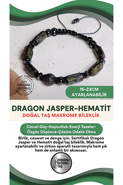 OSMANLI DEĞERLİ TAŞ Certified Green Dragon Jasper-Hematite Natural Stone Macr...
