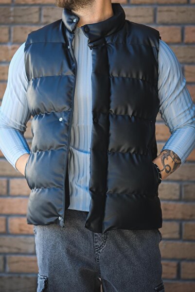 since 1990 man Manoxfo Waterproof Stand Collar Men's Puffer Leather Vest with Pockets