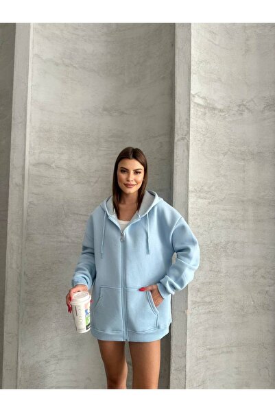 Genel Markalar Kadın Oversize Fermuarlı Kapüşonlu Sweatshirt