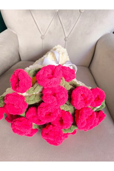 OEM El Yapımı Buket Battaniye 100 cm çap krem rengi fuşya rengi güller