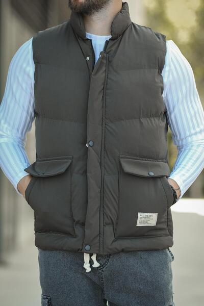 since 1990 man Manoctave Waterproof Hooded Pocket Label Detailed Stand Collar Men's Puffer Vest