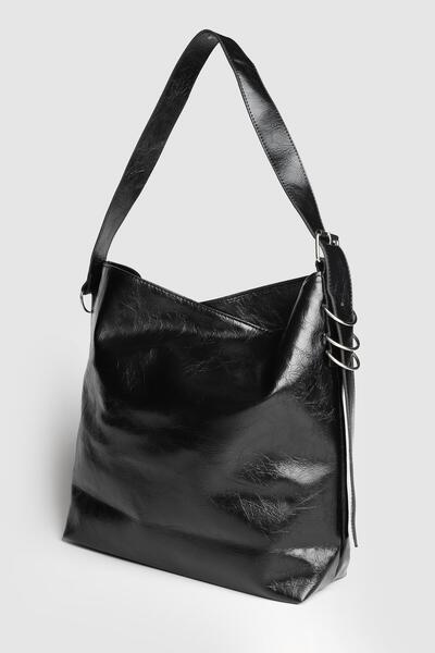 La La'Graccio Paris Lagraccio Paris Women's Higgs Large Size Wrinkled Patent Leather Shoulder Bag Black