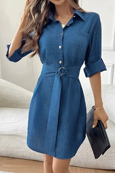 Mossta Сукня з ґудзиками та поясом, детально оздоблена, імпортна лляна тканина - синя