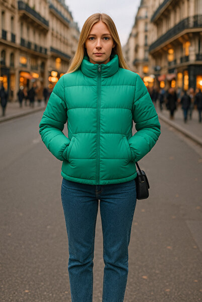 MODA Women's Green Puffer Jacket - Zippered Quilted Winter Sports Jacket