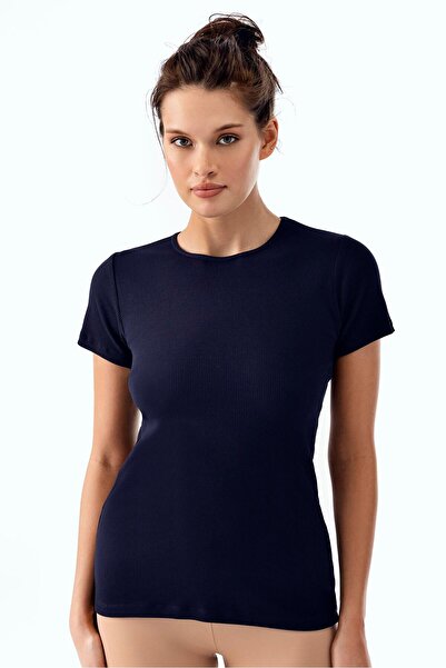 Brix تي شيرت نسائي قصير الأكمام ذو أكمام قصيرة باللون الأزرق الداكن