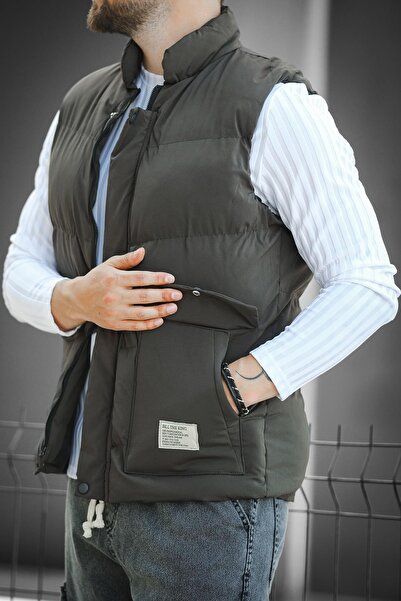 since 1990 man Manoctave Waterproof Hooded Pocket Label Detailed Stand Collar Men's Puffer Vest