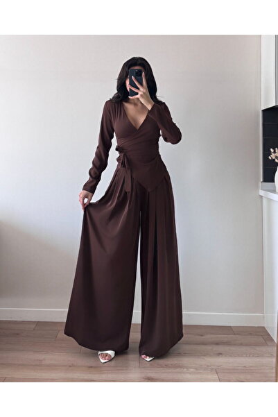 solena sln Γυναικεία μπλούζα με διπλό στήθος με φαρδύ παντελόνι διπλό κομψό σετ