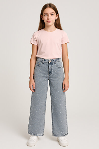 Flamingo بنطلون جينز بتفاصيل حجرية من موديل بالازو للموسم الجديد للفتيات