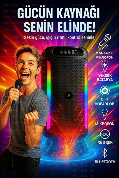 Zineets Büyük Boy Bluetooth Hoparlör Parti Hoparlörü Karaoke Mikrofon Hediyeli Işıklı Ses Bombası Radyo