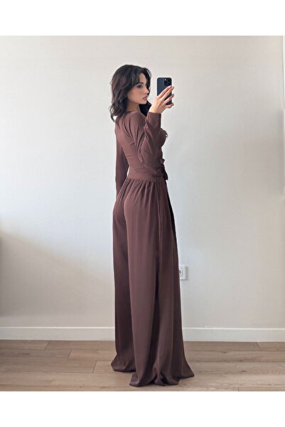 solena sln Γυναικεία μπλούζα με διπλό στήθος με φαρδύ παντελόνι διπλό κομψό σετ