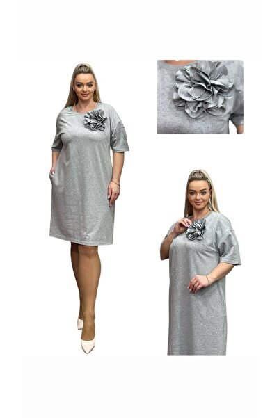 TESSY KADIN BÜYÜK BEDEN ÇİÇEK AKSESUARLI TAŞLI ELBİSE