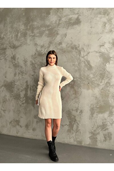 Bella Breeze Kadın Fitilli Boğazlı Yaka Triko Kumaş Midi Boy Elbise