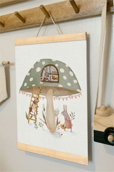 Piksel Grafik Mushroom Family Askılı Kanvas Poster - Bebek Çocuk Odası Resim Poster 30x40 cm